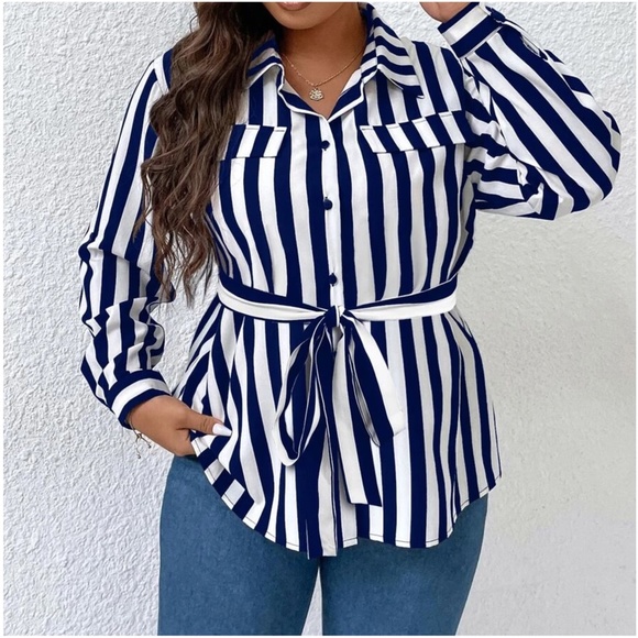 Plus Stripes Button up Belted Shirt Top - Picture 1 of 4